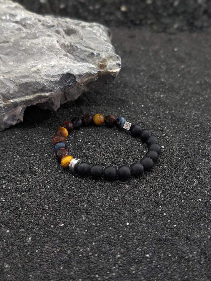 Bracelet bicolore en trois yeux et agate noire dépolie 8mm