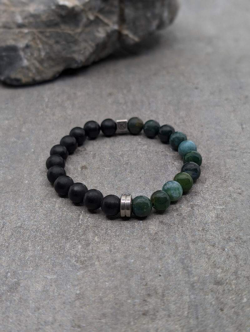 Bracelet bicolore en agate mousse et agate noire dépolie 8mm
