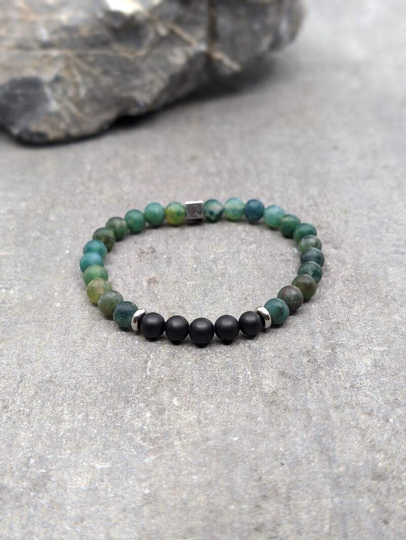 Bracelet en agate mousse et agate noire dépolie 6mm