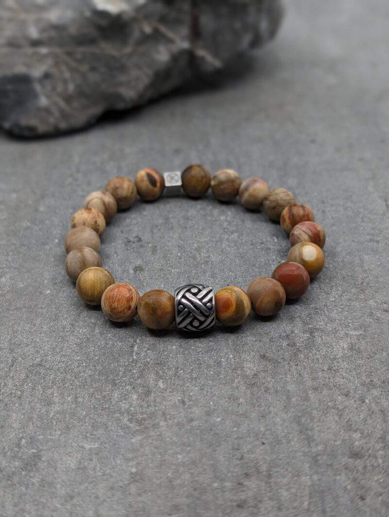 Bracelet en bois fossilisé poli 10 mm et motif tressé