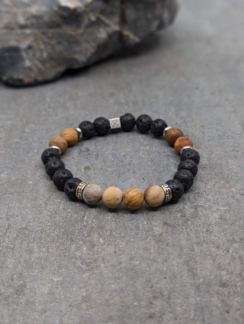 Bracelet en bois fossilisé dépoli et pierre de lave 8mm