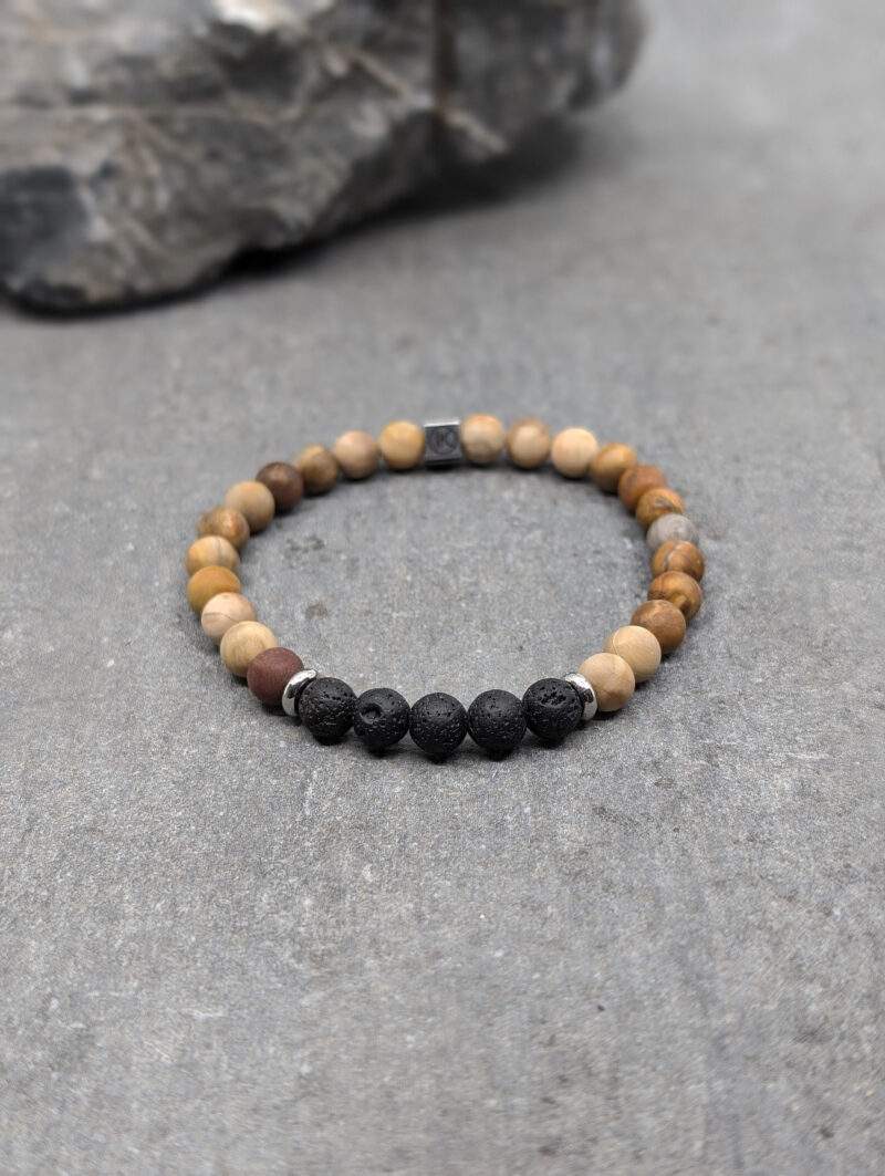 Bracelet en bois fossilisé dépoli et pierre de lave 6mm