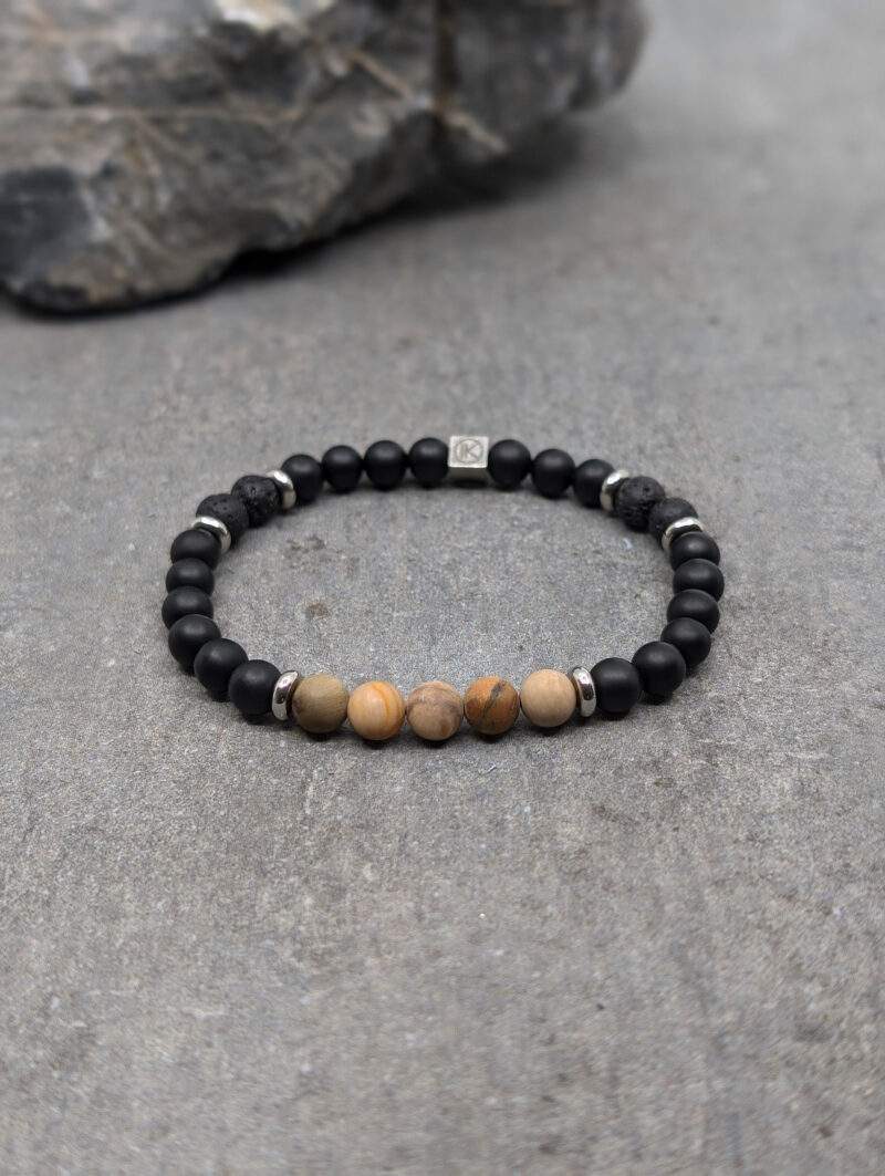 Bracelet en agate noire, pierre de lave et bois fossilisé 6mm