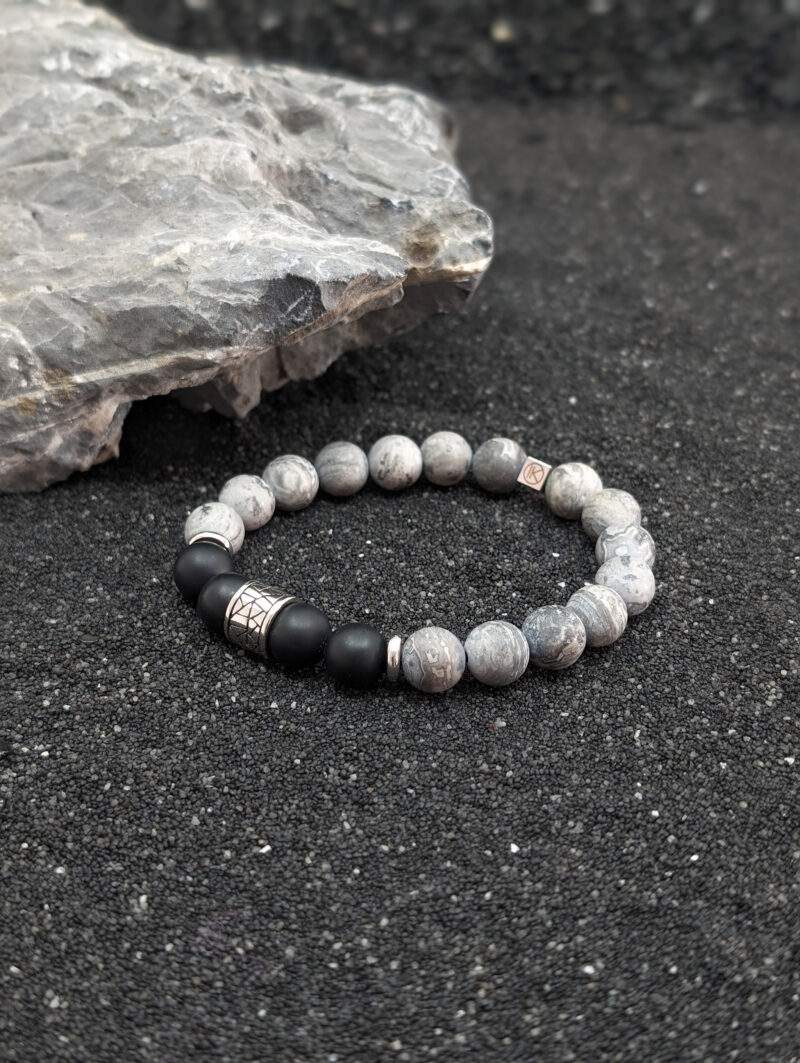 Bracelet en jaspe paysage gris dépoli 10 mm