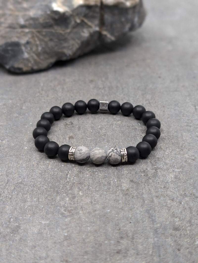 Bracelet en jaspe paysage gris dépoli et agate noire dépolie 8mm