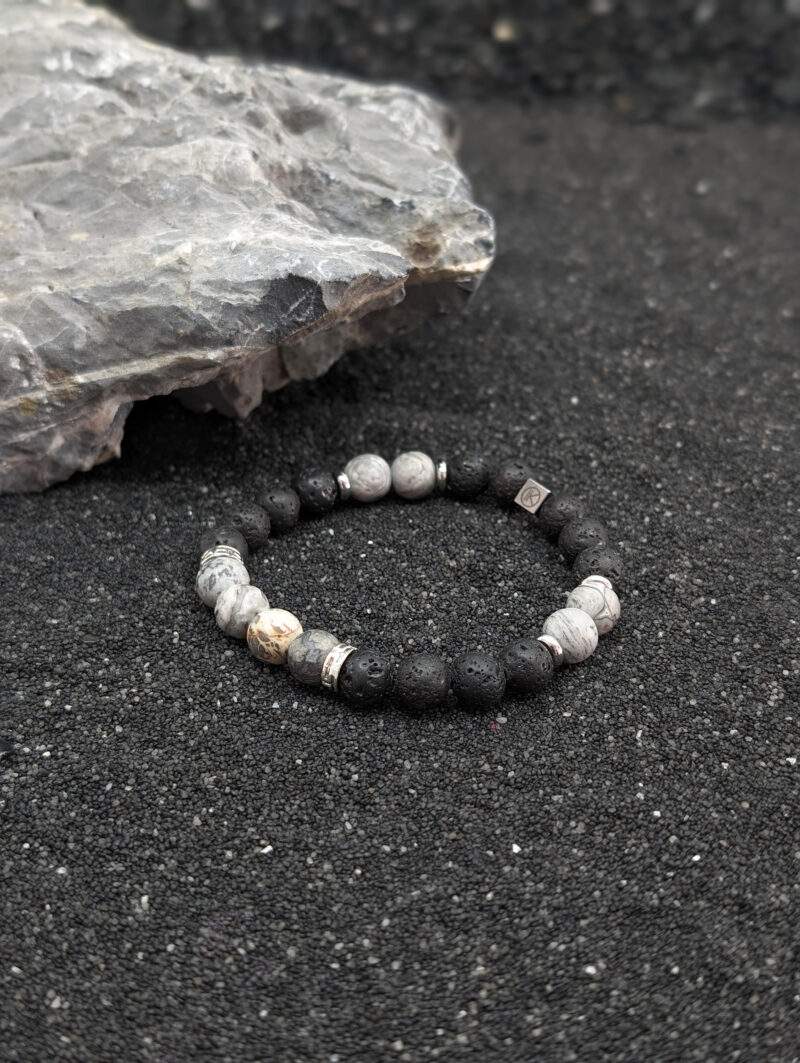 Bracelet en jaspe paysage gris dépoli et pierre de lave 8mm