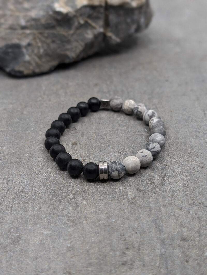 Bracelet bicolore jaspe paysage gris et agate noire 8mm
