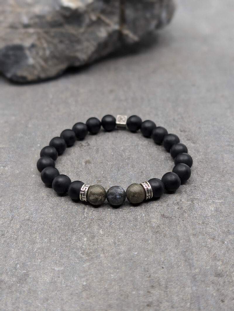 Bracelet en pyrite polie et agate noire dépolie 8mm