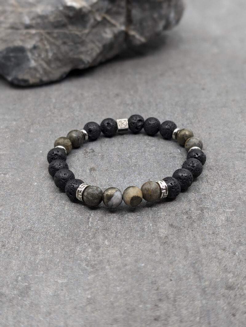 Bracelet en pyrite polie et pierre de lave 8mm