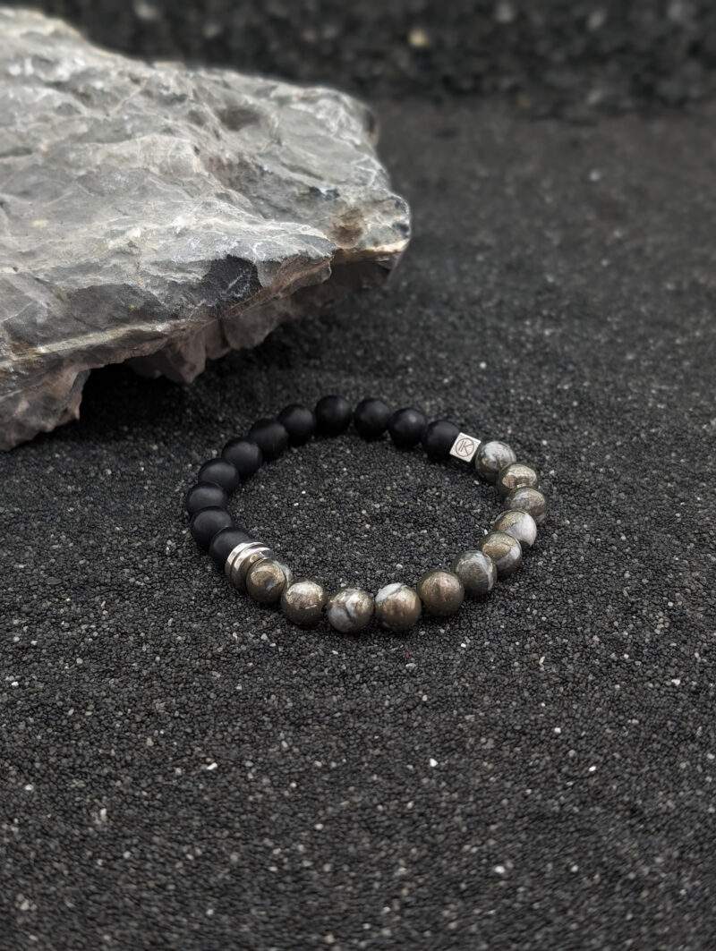 Bracelet bicolore en pyrite polie et agate noire dépolie 8mm