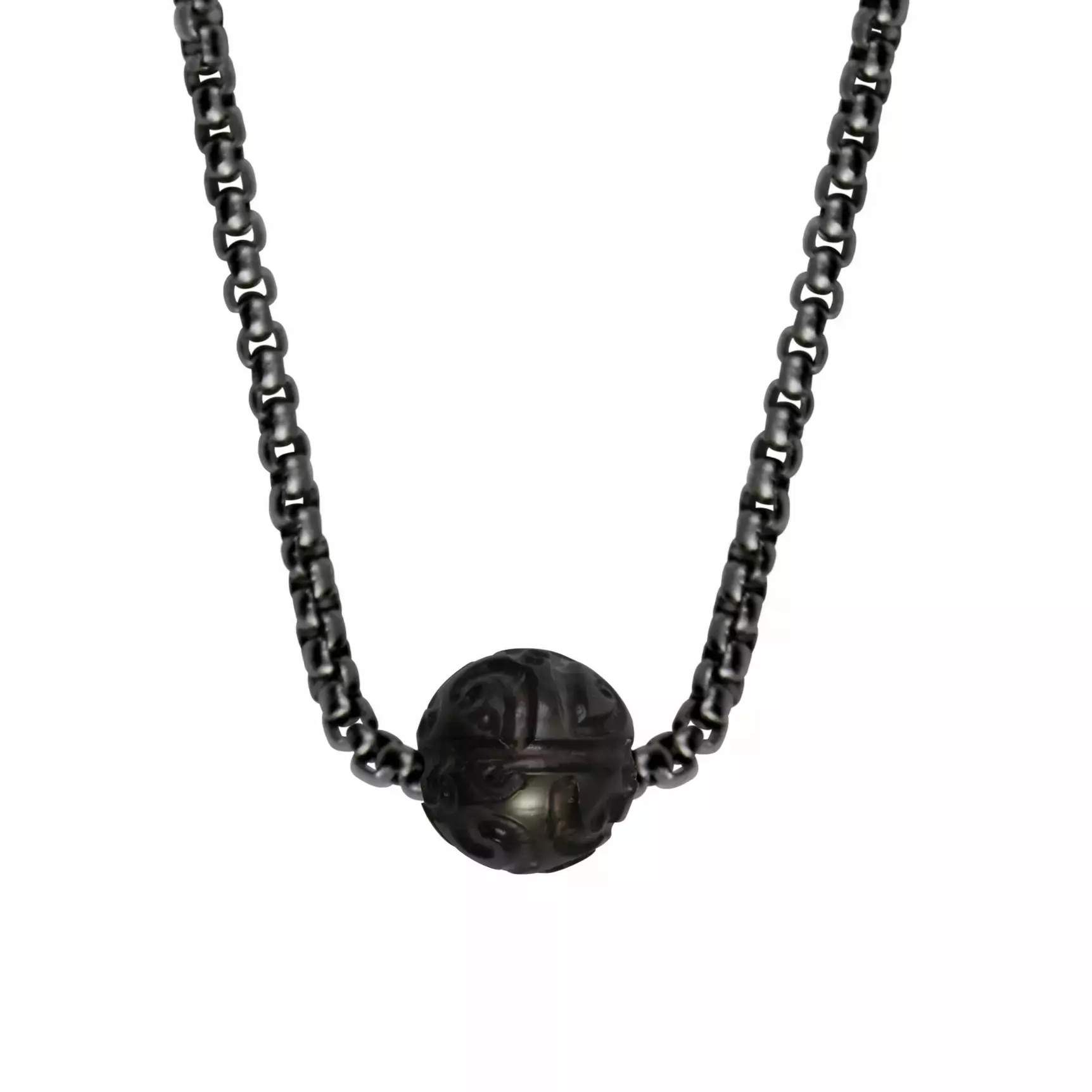 Collier avec perle de tahiti gravée et chaine couleur acier vieilli