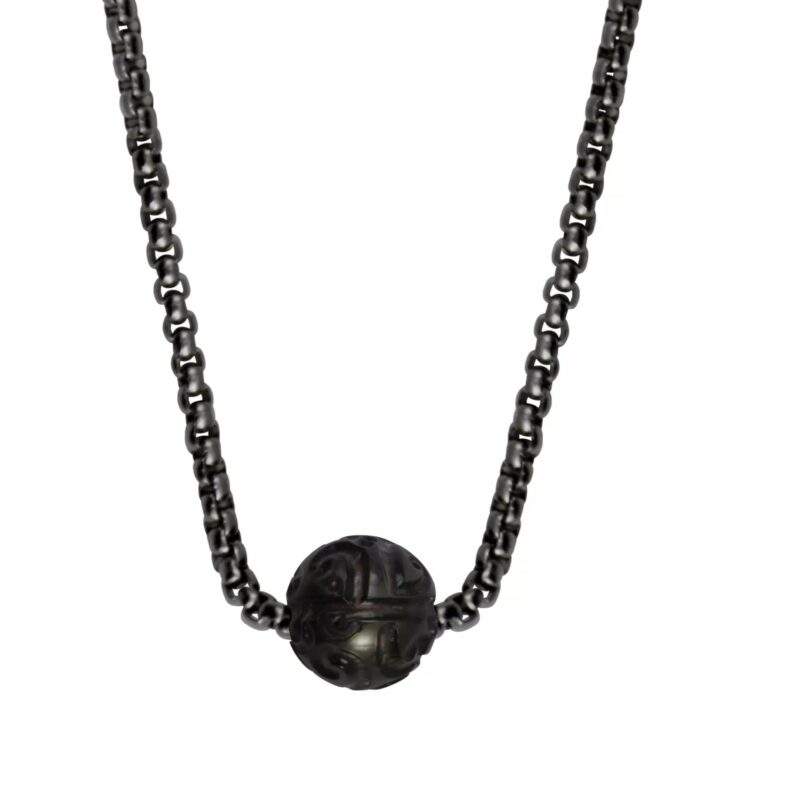 Collier avec perle de tahiti gravée et chaine couleur acier vieilli